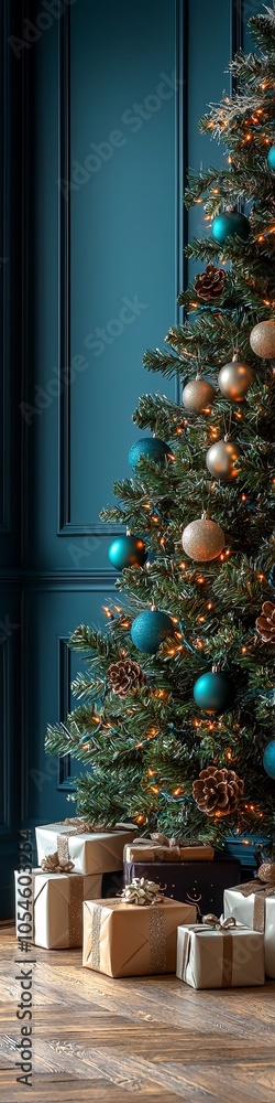 A Christmas background with tree and blue wall. A Christmas background with tree and blue wall.
