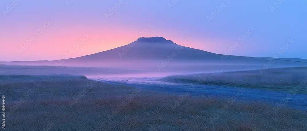 Serene landscape at dawn with a misty hill and soft pastel colors.