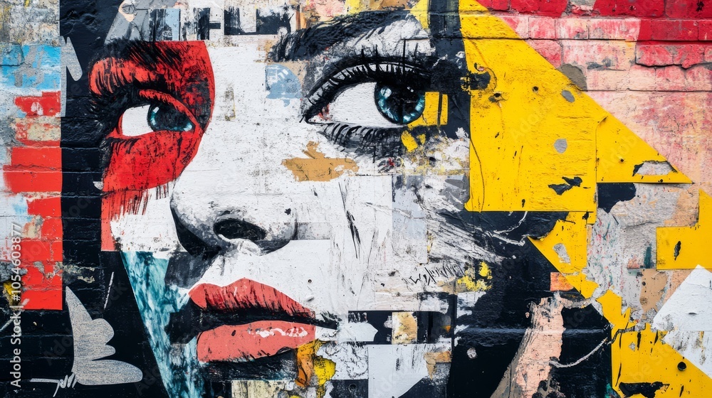 Fototapeta premium A captivating close-up of a vibrant street art mural, featuring a woman's piercing blue eyes, set against a bold backdrop of colorful geometric shapes and textures.