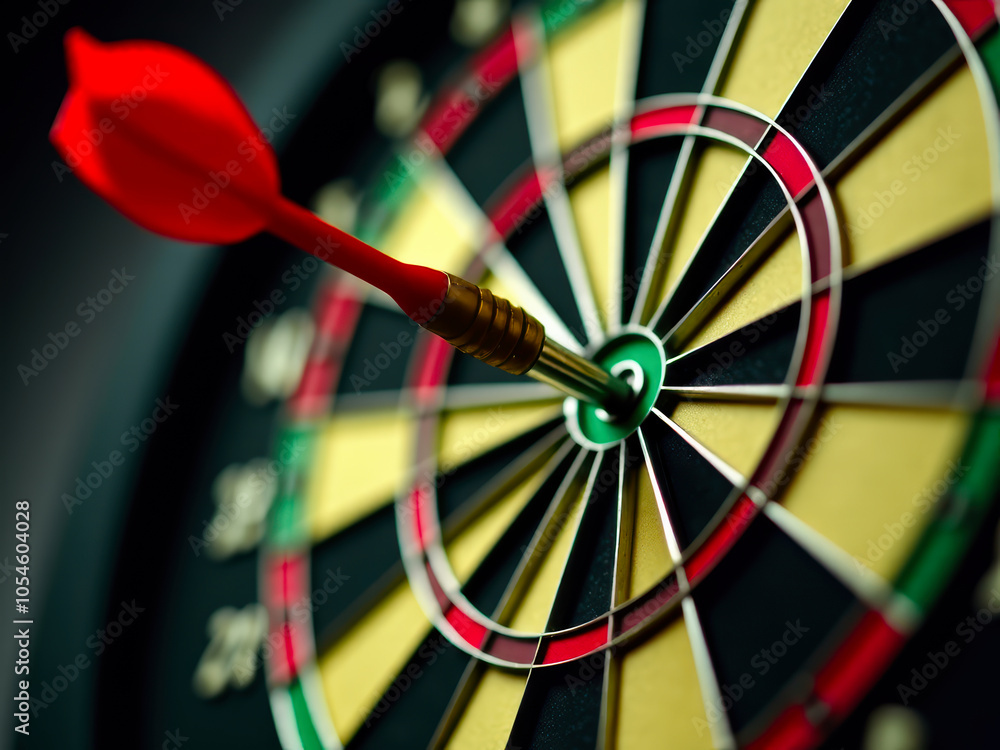 A detailed view of a dart perfectly striking the bullseye on a vibrant dartboard, symbolizing precision, success, and focus. Perfect for themes of accuracy and achievement. A detailed view of a dart perfectly striking the bullseye on a vibrant dartboard, symbolizing precision, success, and focus. Perfect for themes of accuracy and achievement.