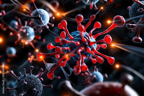 3D digital illustration of a stem cell surrounded by vibrant, differentiated cells including neurons, muscle cells, and blood cells, capturing the dynamic potential of stem cell transformation