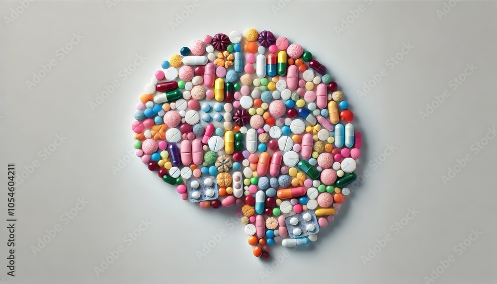 Colorful Pills Arranged in Brain Shape Illustration Colorful Pills Arranged in Brain Shape Illustration