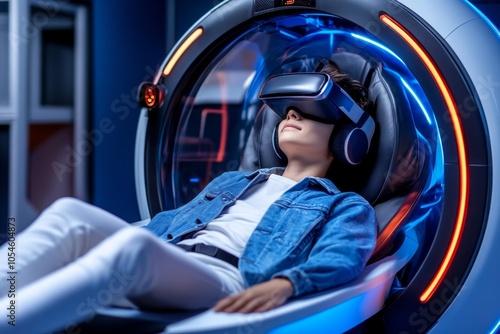 A futuristic relaxation pod with neon lights, a reclined person enjoying the high-tech comforts of immersive entertainment and sensory pleasure, symbolizing the future of hedonistic relaxation,