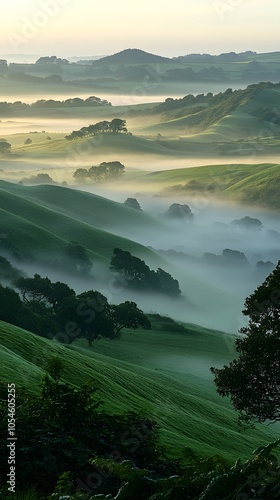 Serene misty hills with lush greenery and gentle light at dawn. photo