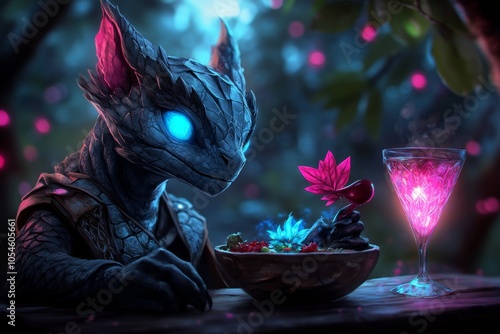 A magical banquet in a fantasy setting with enchanted goblets, glowing dishes, and mythical creatures savoring the feast, capturing the hedonistic pleasure of indulgence in a fantastical world, photo