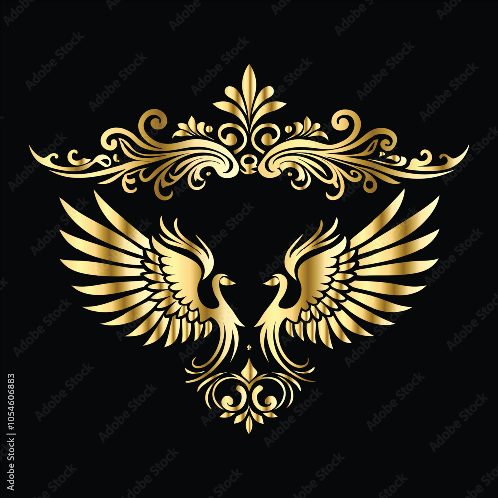 Fototapeta premium Royal Gold Wing Frames: Iconic Angel and Bird Wings in Decorative Silhouettes