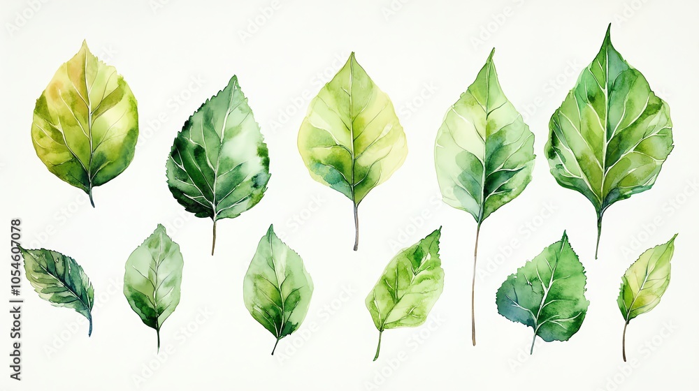 Watercolor illustration of 10 green leaves with a white background. Watercolor illustration of 10 green leaves with a white background.