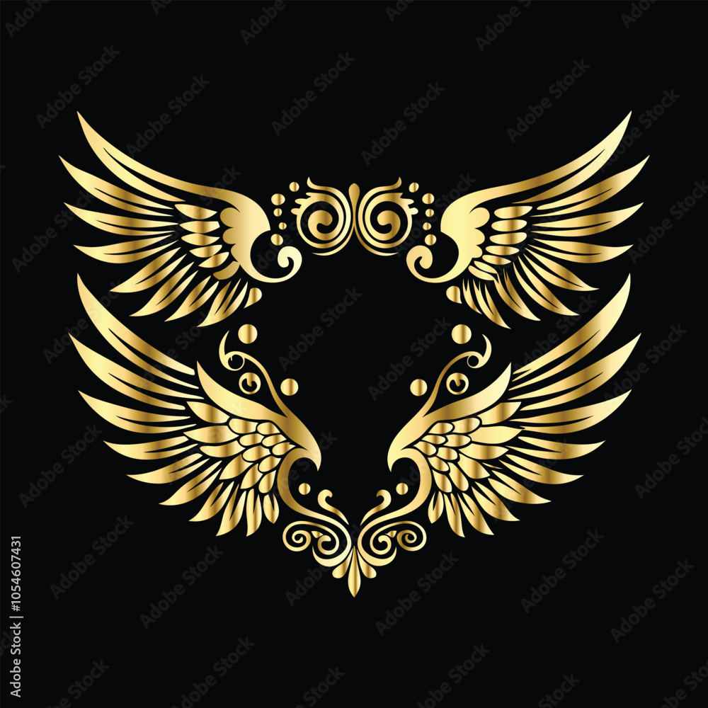 Obraz premium Golden Angel Wings: Vintage Frames & Decorative Icons with Cupid and Bird Wings