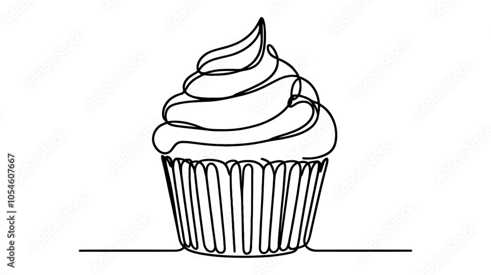 One continuous line illustration of a cupcake, isolated on white background. One continuous line illustration of a cupcake, isolated on white background.