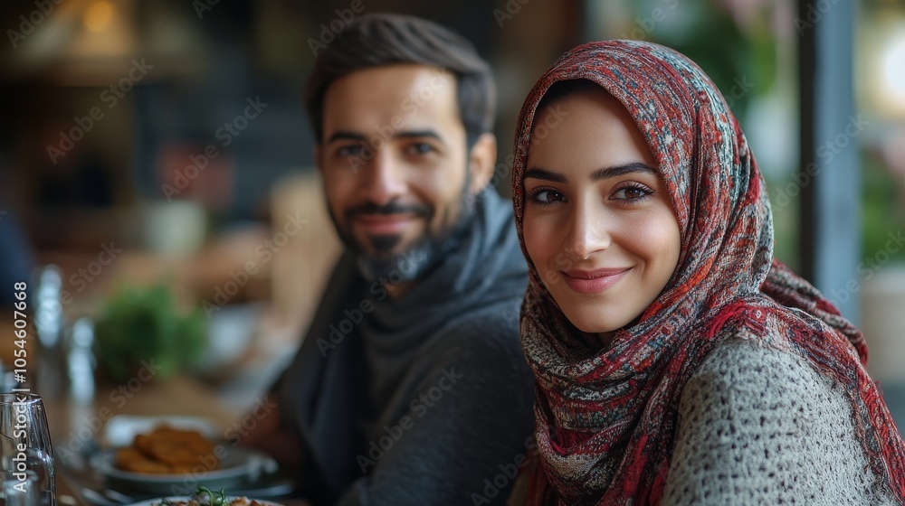 Young Middle Eastern couple enjoying a romantic dinner at a cozy restaurant during the evening Young Middle Eastern couple enjoying a romantic dinner at a cozy restaurant during the evening