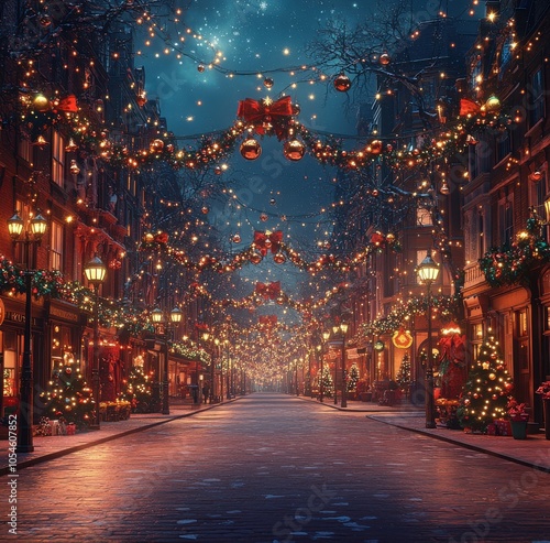 Enchanting Christmas lights illuminate empty London street at night