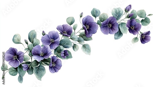 Fototapeta Naklejka Na Ścianę i Meble -  Charming watercolor illustration of a corner border with violet flowers and lush eucalyptus, ideal for enhancing wedding invitations and decorative artwork