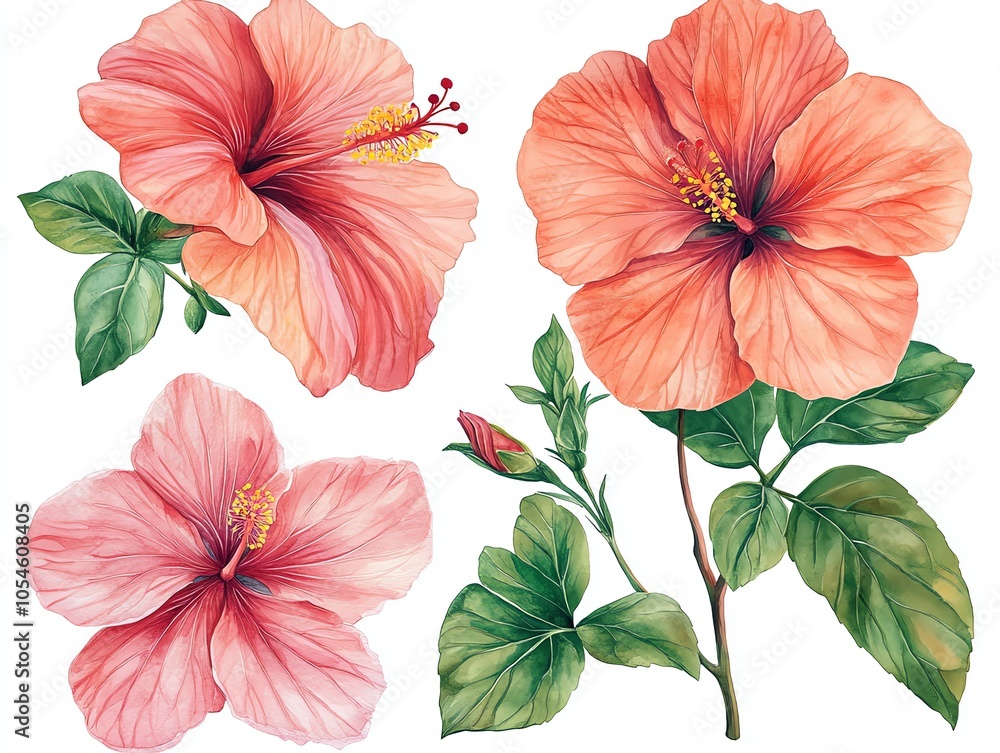 Watercolor illustration of four pink hibiscus flowers, two in bloom, one bud, and a single leaf. Watercolor illustration of four pink hibiscus flowers, two in bloom, one bud, and a single leaf.