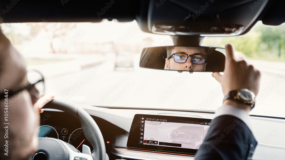 © Prostock-studio - Close up back view portrait of man in specs adjusting rearview mirror while sitting in his car, selective focus