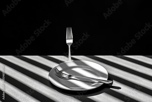 Minimalist depiction of a table set with fine dining utensils, symbolizing the refined pleasure of a gourmet meal in a clean, modern design, symbolizing simplicity and luxury photo