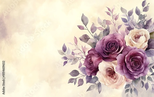 Elegant watercolor floral bouquet showcasing purple roses and lilac peonies with lush eucalyptus, perfect for creating beautiful greeting cards