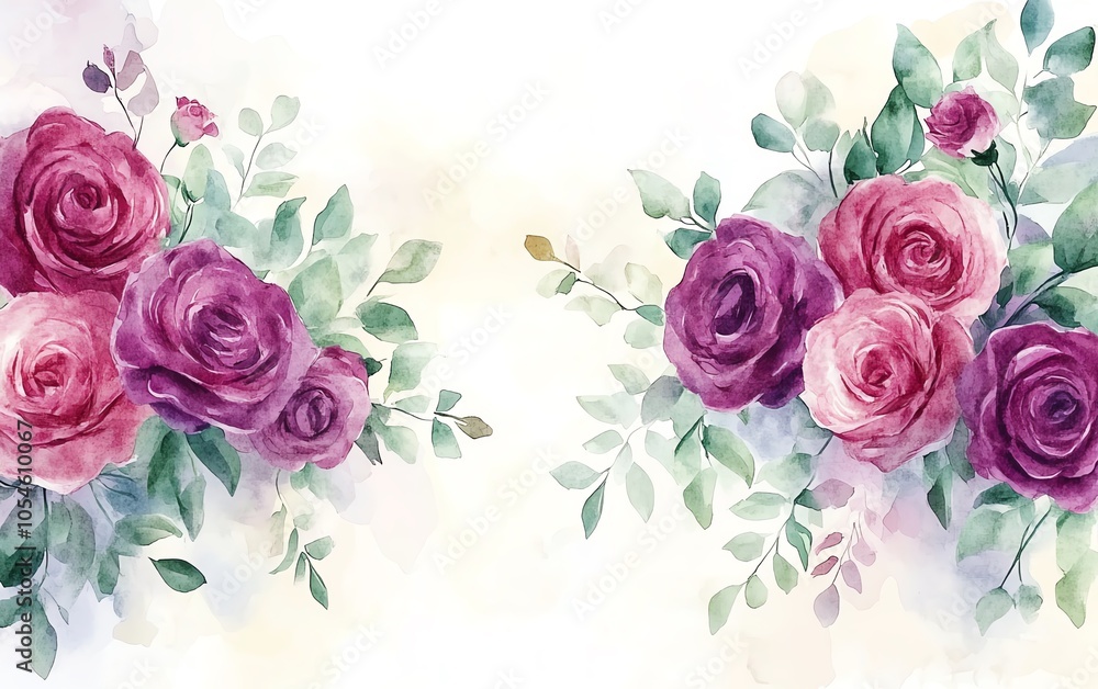 Inviting watercolor bouquet showcasing purple roses and eucalyptus greenery, perfect for creating charming cards and floral designs Inviting watercolor bouquet showcasing purple roses and eucalyptus greenery, perfect for creating charming cards and floral designs