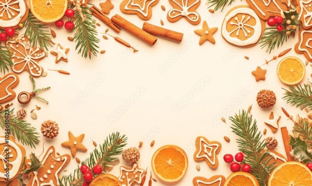 A Christmas card featuring a white background with space for text, beautifully decorated with cinnamon sticks, dried orange slices, star-shaped cookies, rosemary sprigs, and holly leaves with berries A Christmas card featuring a white background with space for text, beautifully decorated with cinnamon sticks, dried orange slices, star-shaped cookies, rosemary sprigs, and holly leaves with berries