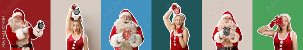 Collage of Santa Claus and woman in Christmas costume on color background Collage of Santa Claus and woman in Christmas costume on color background