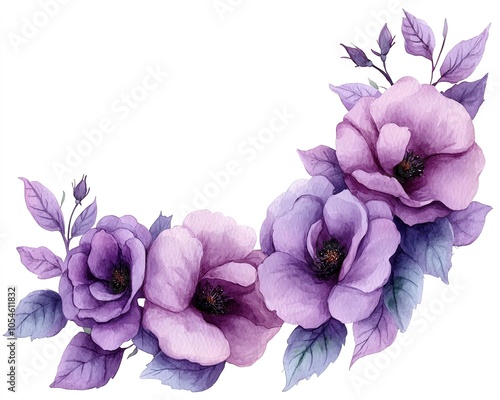 Fototapeta Naklejka Na Ścianę i Meble -  Whimsical watercolor depiction of a corner border featuring violet flowers and purple roses, ideal for enhancing wedding stationery and decor