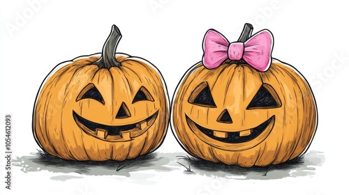 two Halloween pumpkins love, pumpkin couple, romance, male and female, the female pumpkin has a pink tie on the head, anime illustration style.