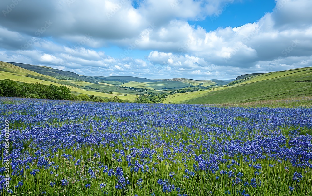 A tranquil blue flower meadow in full bloom during spring, set against a backdrop of green hills and a bright sky, perfect for serene landscape imagery A tranquil blue flower meadow in full bloom during spring, set against a backdrop of green hills and a bright sky, perfect for serene landscape imagery