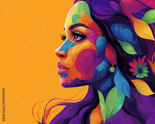 A stunning and imaginative depiction of a beautiful woman in a colorful style, emphasizing unique artistic elements and creative expression photo