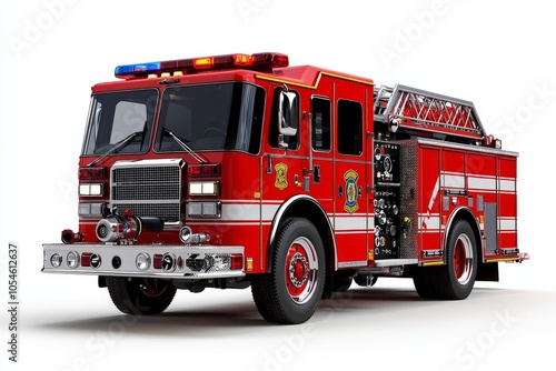 a 2D cartoon illustration of a fire engine with a ladder and hose emergency vehicle white background