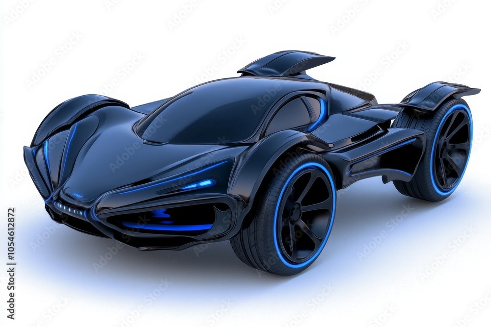 Fototapeta premium a 2D cartoon illustration of a futuristic hovercar flying above the city sci-fi and innovative white background
