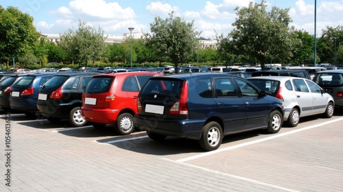 A panoramic perspective of a parking lot filled with various colored cars alongside lush trees and residential buildings, showcasing ample space