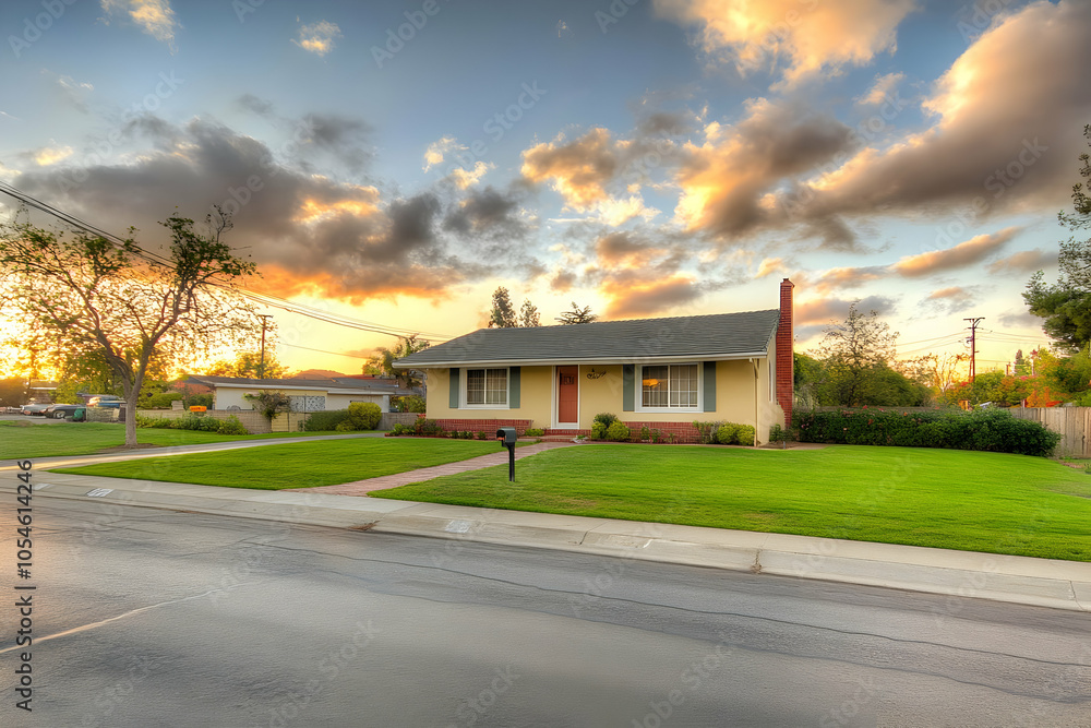 A charming suburban house at sunset, showcasing a well-maintained lawn and peaceful surroundings. A charming suburban house at sunset, showcasing a well-maintained lawn and peaceful surroundings.