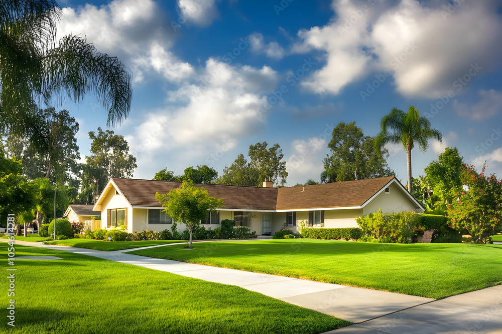 A serene suburban house surrounded by lush greenery and a clear blue sky. A serene suburban house surrounded by lush greenery and a clear blue sky.