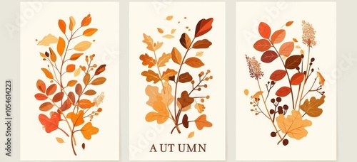 Set of Three Minimalistic Autumn Cards Featuring Fall Leaves and Branches with the Text "AUTUMN" in Elegant Pastel Colors on a White Background for Seasonal Greeting and Decor.