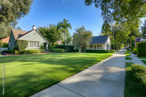 A serene suburban street with well-maintained lawns and charming houses.