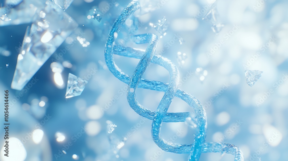 DNA helix structure floating in blue microscopic environment with water molecules and crystal particles in scientific laboratory background DNA helix structure floating in blue microscopic environment with water molecules and crystal particles in scientific laboratory background