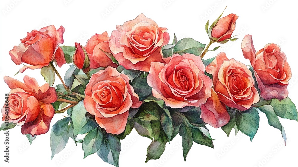 A watercolor painting of a bouquet of pink roses with green leaves on a white background. A watercolor painting of a bouquet of pink roses with green leaves on a white background.