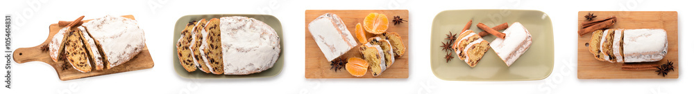 Set of tasty Christmas stollen on white background, top view Set of tasty Christmas stollen on white background, top view