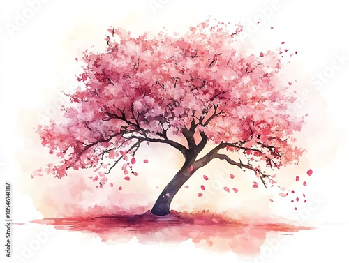 Watercolor painting of a pink cherry blossom tree with falling petals on a white background.