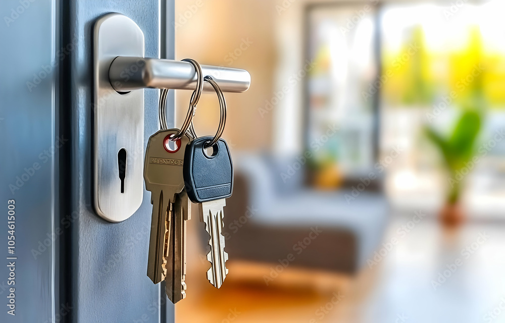 A close-up of keys hanging from a door lock, indicating entry into a living space. A close-up of keys hanging from a door lock, indicating entry into a living space.