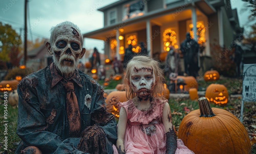 Halloween decorations featuring spooky zombies on a front lawn Halloween decorations featuring spooky zombies on a front lawn