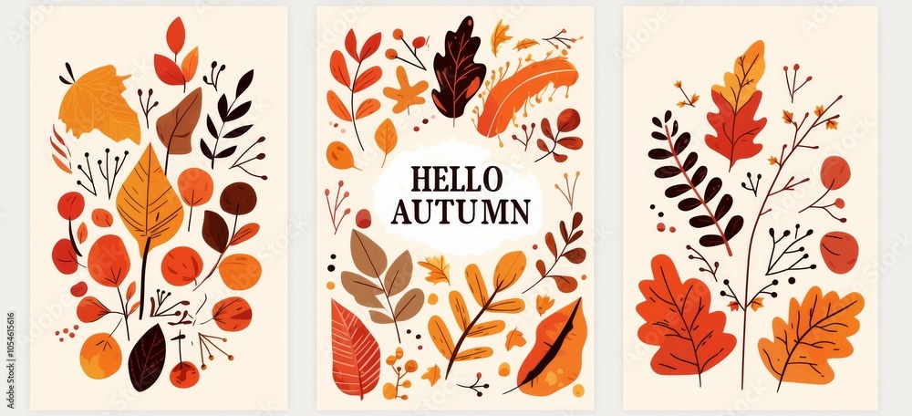 A set of three vector cards featuring an autumn theme, each displaying the text A set of three vector cards featuring an autumn theme, each displaying the text