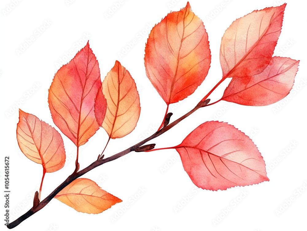 Watercolor painting of a branch with red and orange leaves. Watercolor painting of a branch with red and orange leaves.