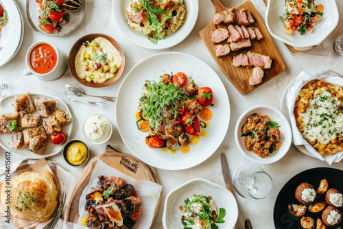 Table full of colorful plates of delicious food for a festive gathering, with various dishes like pasta, salad, and desserts enticingly displayed. photo