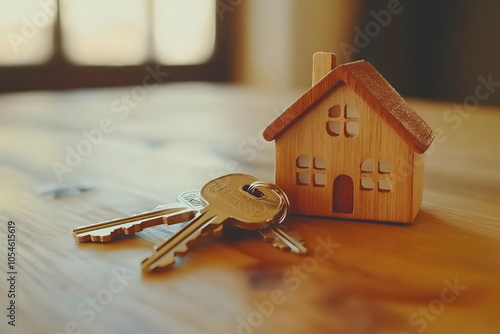 A wooden house model next to keys on a wooden table, symbolizing home ownership.