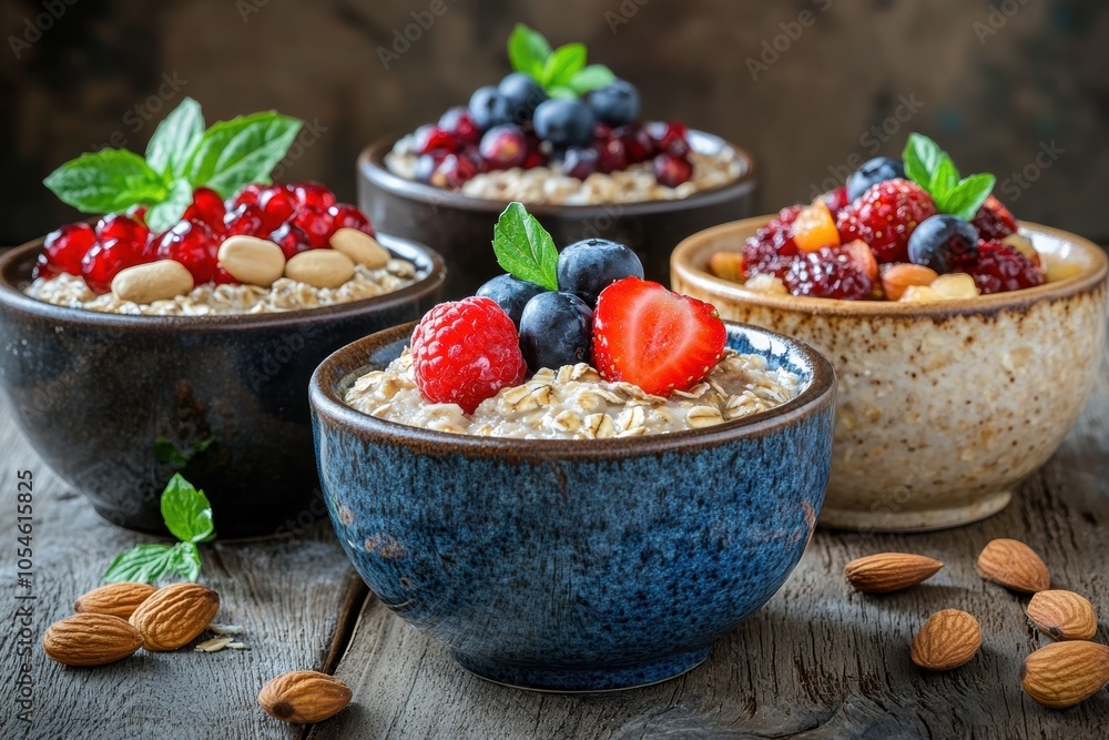 food styling, assorted baked oats topped with fresh fruits and nuts, set against a rustic wooden backdrop, ideal for showcasing your text food styling, assorted baked oats topped with fresh fruits and nuts, set against a rustic wooden backdrop, ideal for showcasing your text