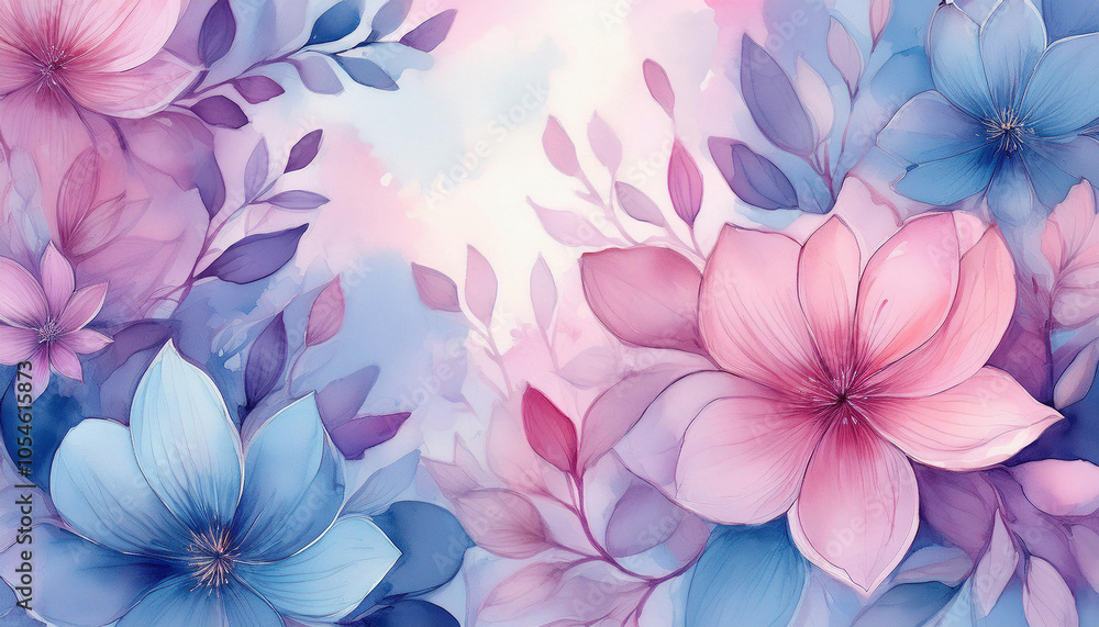 Fototapeta premium Watercolor painting of a beautiful floral background with pastel pink and blue flowers. 