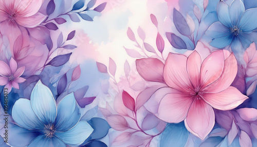 Watercolor painting of a beautiful floral background with pastel pink and blue flowers. 