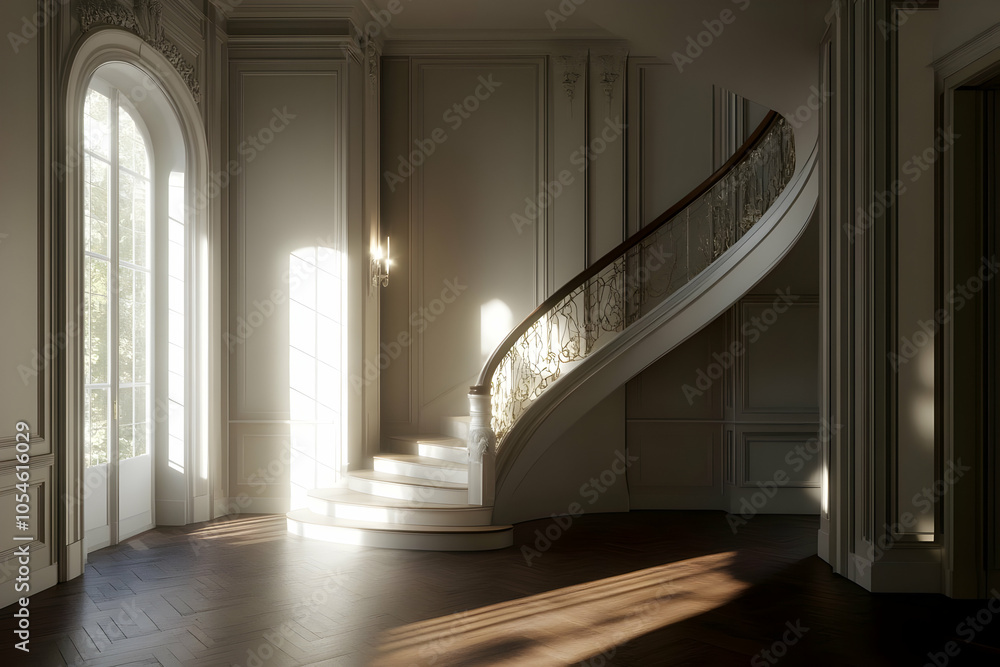 Elegant interior featuring a grand staircase illuminated by soft sunlight. Elegant interior featuring a grand staircase illuminated by soft sunlight.