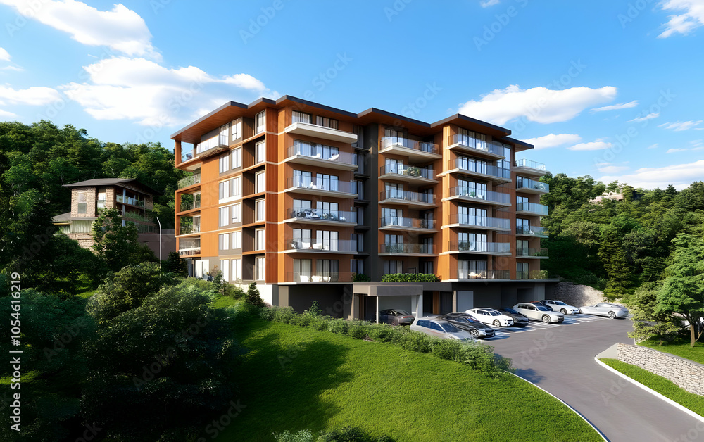 Modern residential building with greenery and parking in a scenic landscape. Modern residential building with greenery and parking in a scenic landscape.