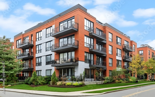 Modern apartment building featuring balconies and landscaped surroundings.